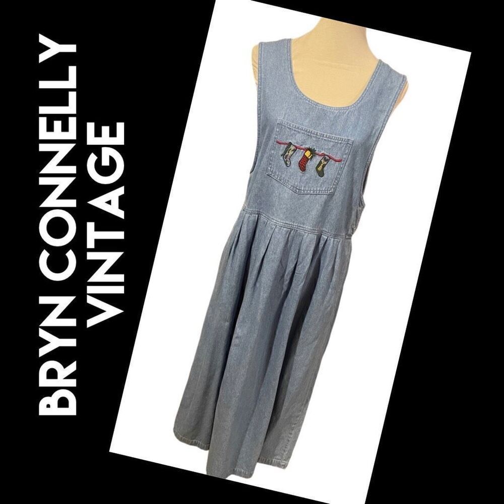 Bryn Connelly Women's Chambray Jumper Dress Holiday Embroidery Denim Vintage 80’